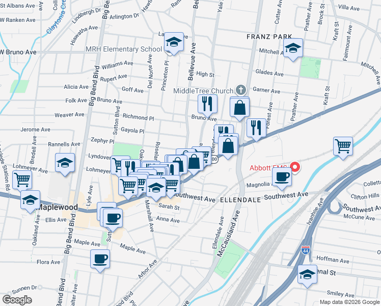 map of restaurants, bars, coffee shops, grocery stores, and more near 2510 Bellevue Avenue in Maplewood