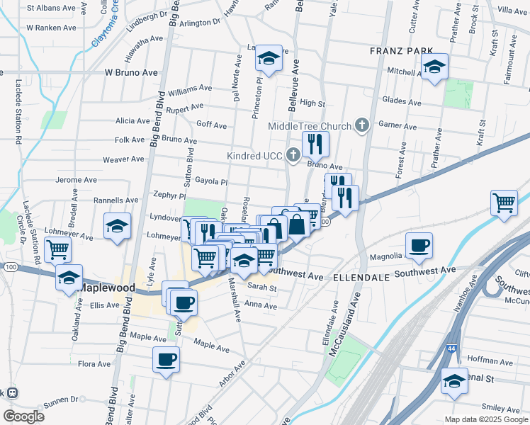 map of restaurants, bars, coffee shops, grocery stores, and more near 7230 Zephyr Place in Maplewood