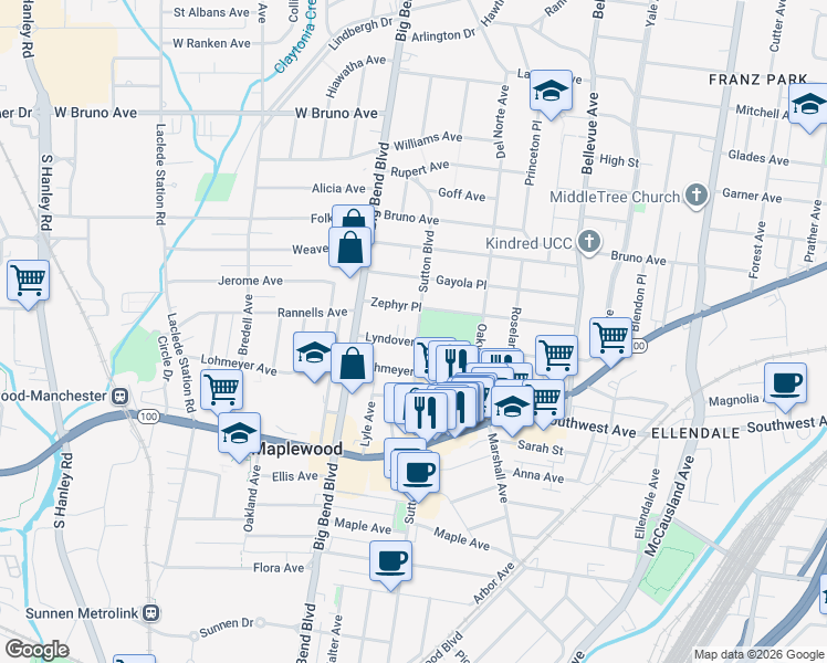map of restaurants, bars, coffee shops, grocery stores, and more near 2429 Sutton Boulevard in Maplewood