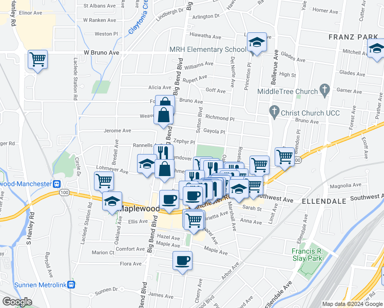 map of restaurants, bars, coffee shops, grocery stores, and more near 2429 Sutton Boulevard in Maplewood
