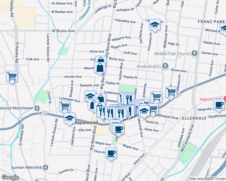 map of restaurants, bars, coffee shops, grocery stores, and more near 7433 Lyndover Place in Maplewood