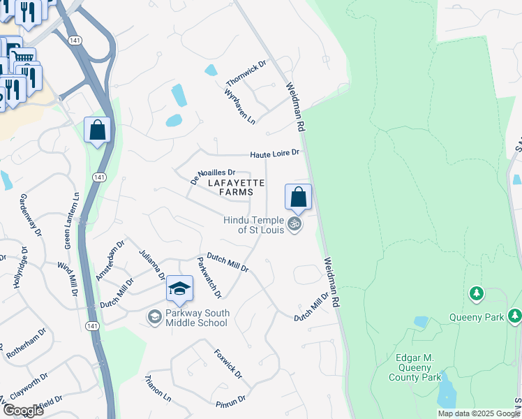 map of restaurants, bars, coffee shops, grocery stores, and more near 1337 Rusticview Drive in Ballwin