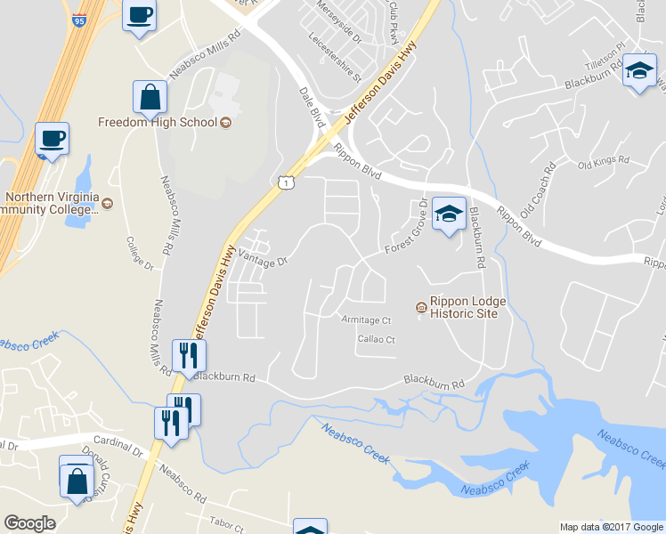 map of restaurants, bars, coffee shops, grocery stores, and more near 15558 Horseshoe Lane in Woodbridge