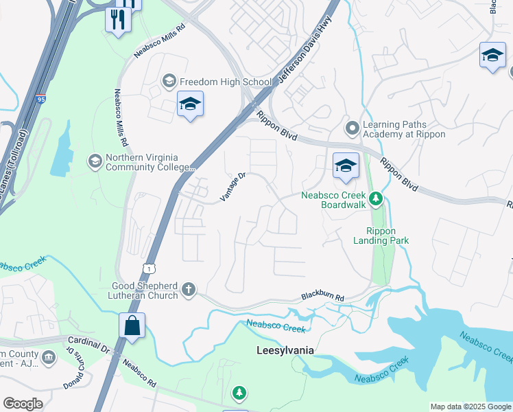 map of restaurants, bars, coffee shops, grocery stores, and more near 15558 Horseshoe Lane in Woodbridge