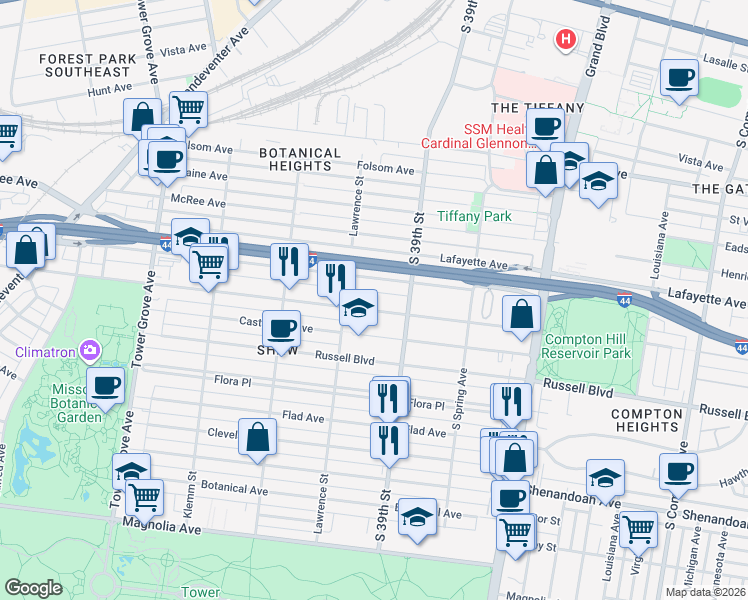 map of restaurants, bars, coffee shops, grocery stores, and more near in St. Louis