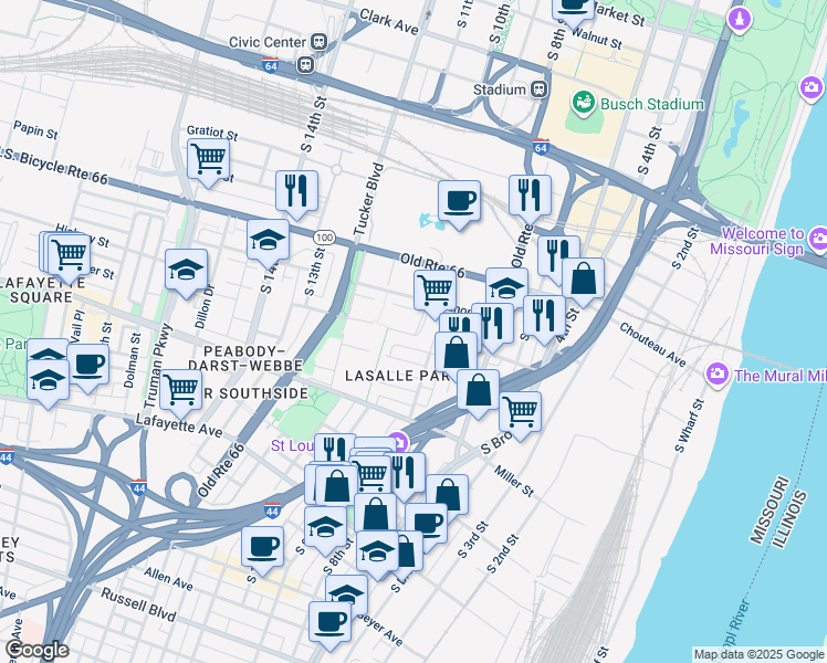 map of restaurants, bars, coffee shops, grocery stores, and more near 1141 South 9th Street in St. Louis