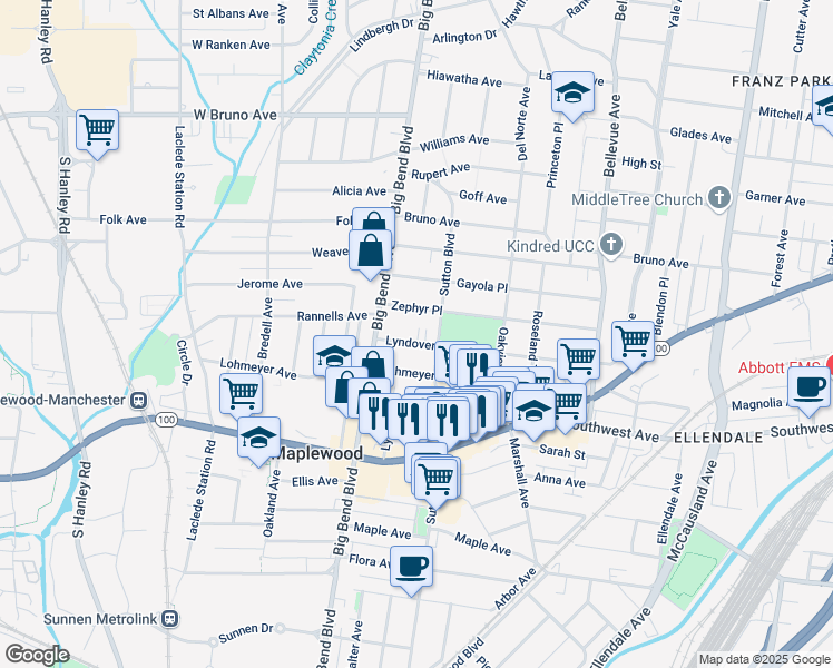 map of restaurants, bars, coffee shops, grocery stores, and more near 7433 Lyndover Place in Maplewood