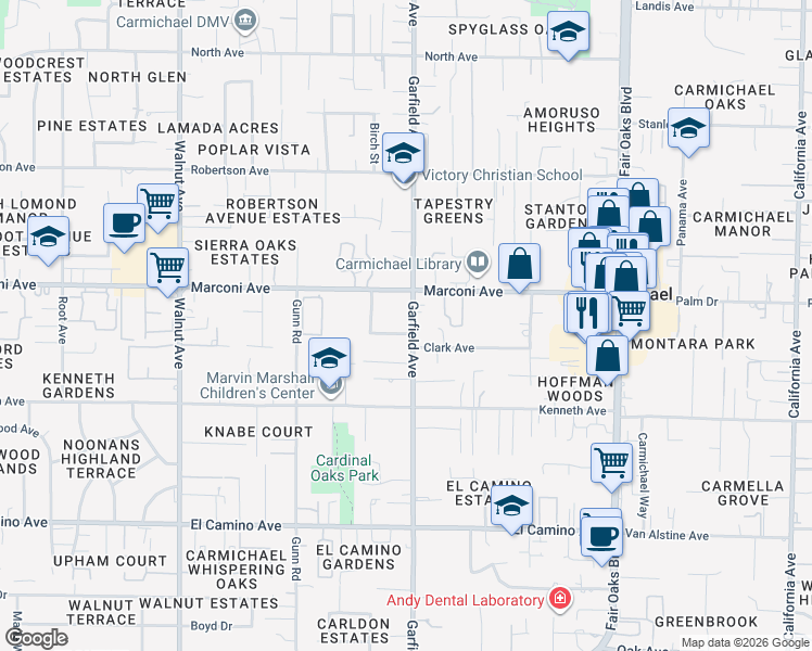 map of restaurants, bars, coffee shops, grocery stores, and more near 2816 Garfield Avenue in Carmichael