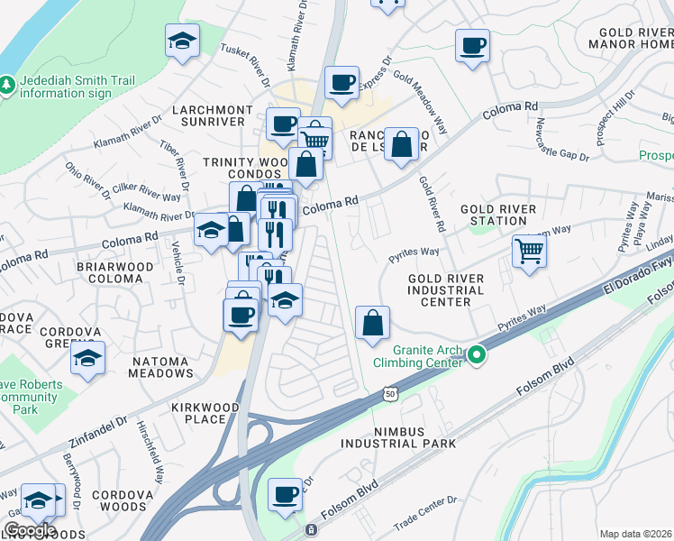 map of restaurants, bars, coffee shops, grocery stores, and more near 93 Wilderness Road in Rancho Cordova