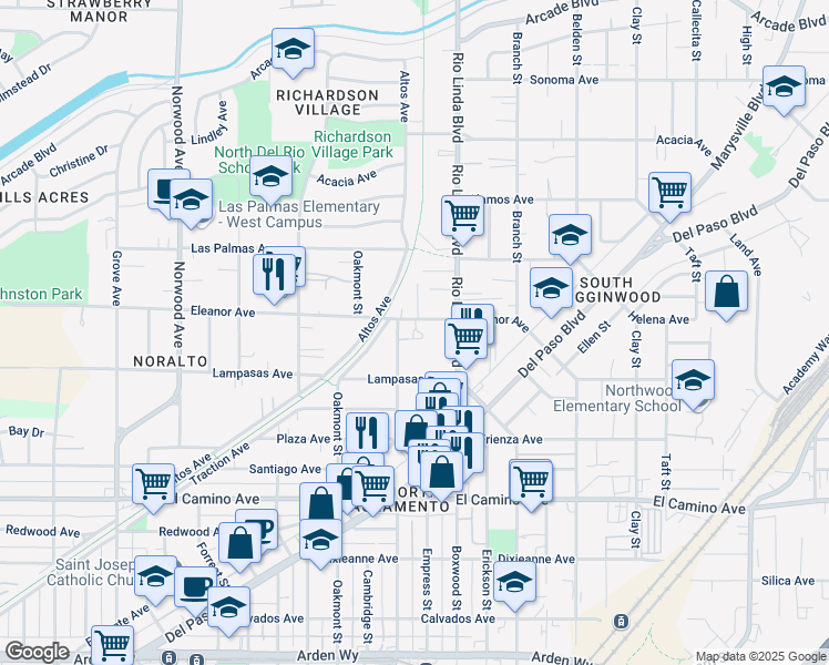 map of restaurants, bars, coffee shops, grocery stores, and more near 2644 Beaumont Street in Sacramento