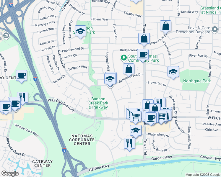 map of restaurants, bars, coffee shops, grocery stores, and more near 2775 Millcreek Drive in Sacramento