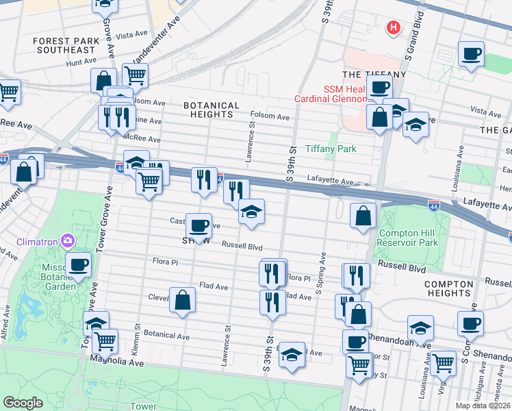 map of restaurants, bars, coffee shops, grocery stores, and more near in St. Louis