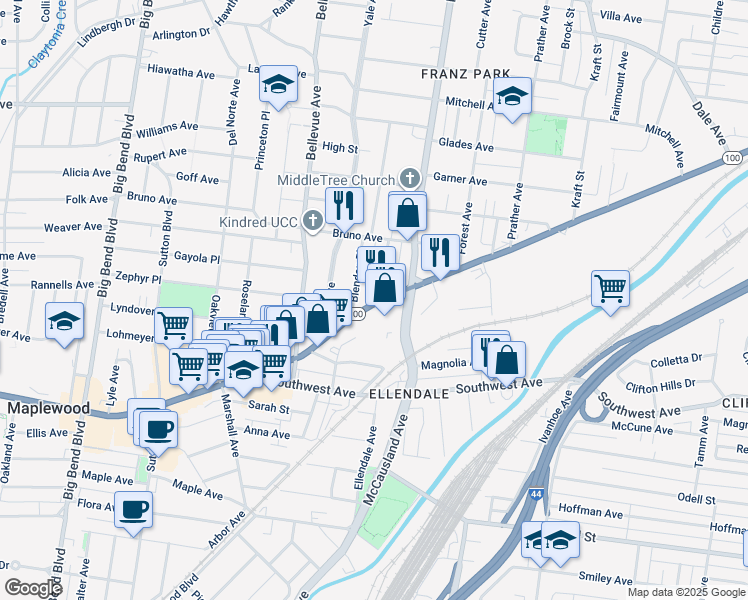 map of restaurants, bars, coffee shops, grocery stores, and more near 7111 Manchester Avenue in St. Louis