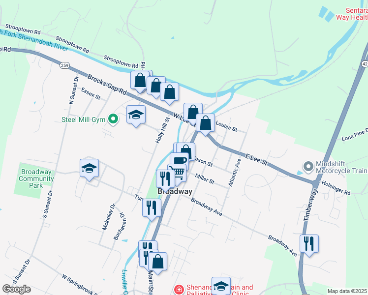 map of restaurants, bars, coffee shops, grocery stores, and more near 212 N Main St in Broadway