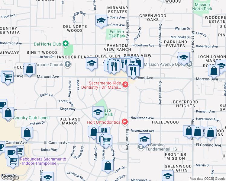 map of restaurants, bars, coffee shops, grocery stores, and more near 4200 Lyle Street in Sacramento