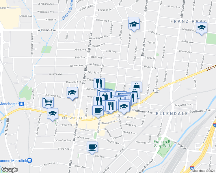 map of restaurants, bars, coffee shops, grocery stores, and more near 2400 Sutton Boulevard in Maplewood