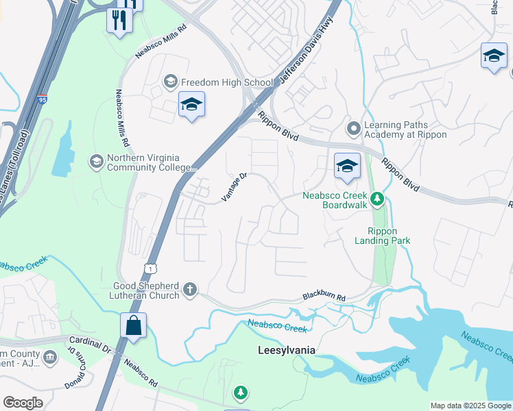 map of restaurants, bars, coffee shops, grocery stores, and more near 15548 Horseshoe Lane in Woodbridge