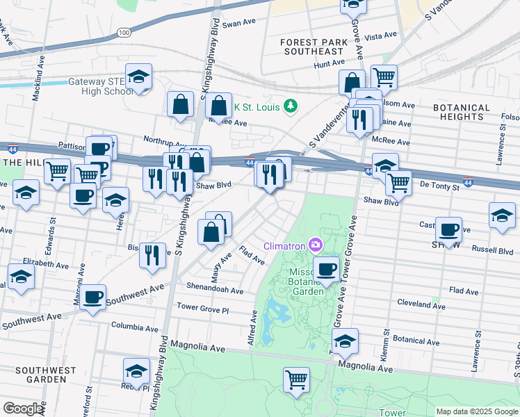 map of restaurants, bars, coffee shops, grocery stores, and more near 1930 South Vandeventer Avenue in St. Louis
