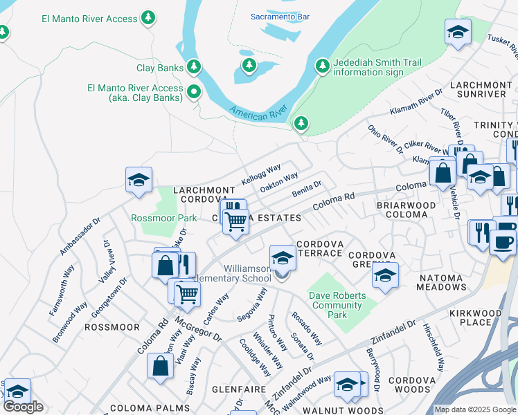 map of restaurants, bars, coffee shops, grocery stores, and more near 2005 Benita Drive in Rancho Cordova