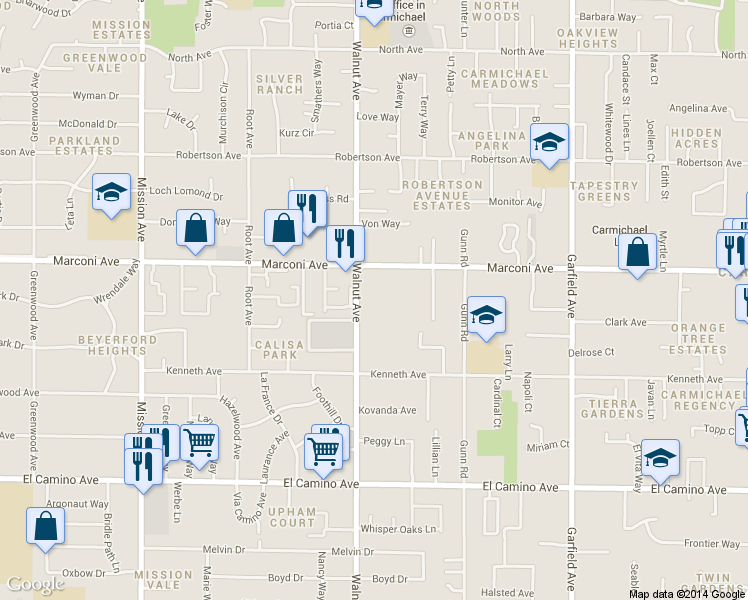 map of restaurants, bars, coffee shops, grocery stores, and more near 2800 Walnut Avenue in Carmichael