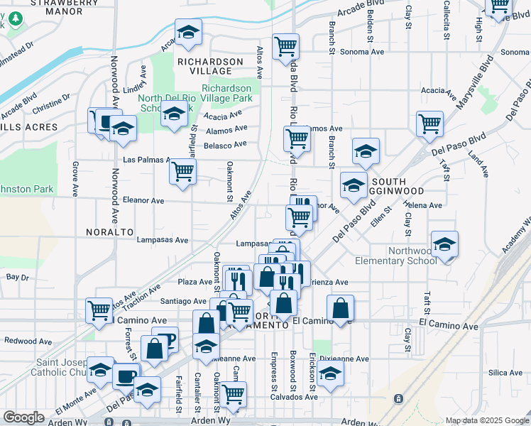 map of restaurants, bars, coffee shops, grocery stores, and more near 2644 Beaumont Street in Sacramento