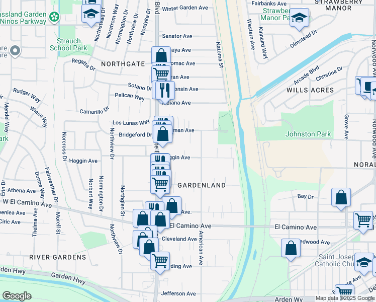 map of restaurants, bars, coffee shops, grocery stores, and more near 441 Haggin Avenue in Sacramento