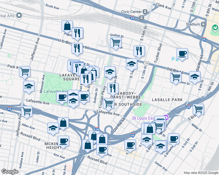 map of restaurants, bars, coffee shops, grocery stores, and more near 1523 Park Avenue in St. Louis