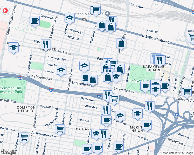 map of restaurants, bars, coffee shops, grocery stores, and more near 1601 Ohio Avenue in St. Louis