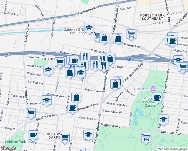 map of restaurants, bars, coffee shops, grocery stores, and more near 4932 Daggett Avenue in St. Louis