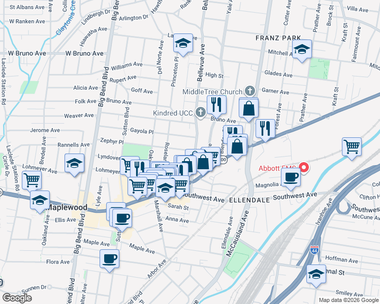 map of restaurants, bars, coffee shops, grocery stores, and more near 2510 Bellevue Avenue in Maplewood