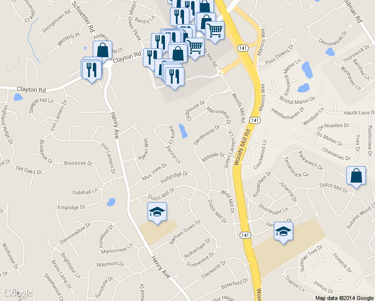 map of restaurants, bars, coffee shops, grocery stores, and more near 851 Gardenway Drive in Ballwin