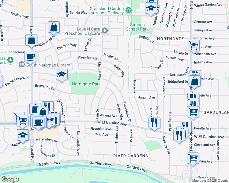 map of restaurants, bars, coffee shops, grocery stores, and more near 2732 Dorine Way in Sacramento