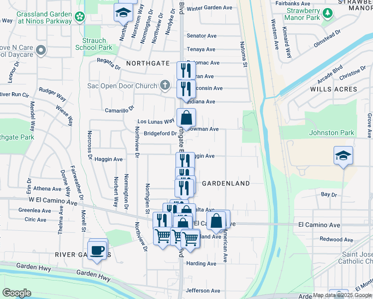 map of restaurants, bars, coffee shops, grocery stores, and more near 531 Haggin Avenue in Sacramento