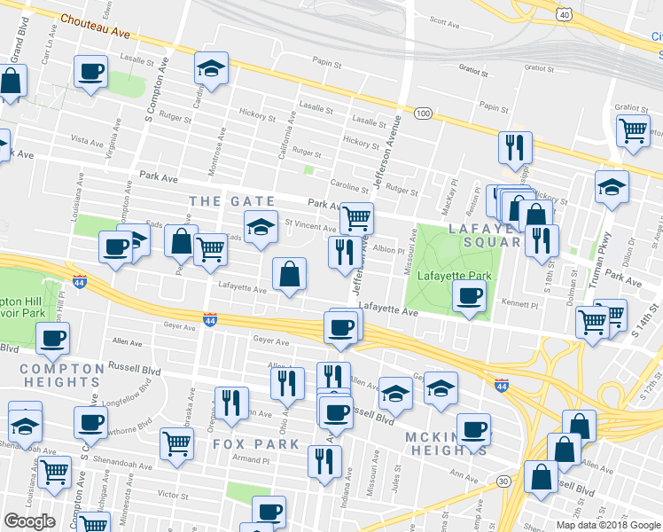 map of restaurants, bars, coffee shops, grocery stores, and more near 1601 South Jefferson Avenue in St. Louis