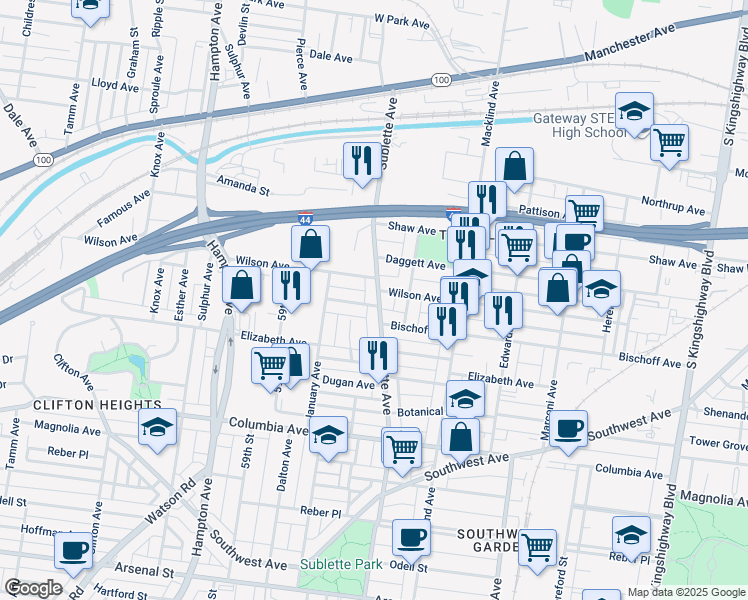map of restaurants, bars, coffee shops, grocery stores, and more near 2123 Sublette Avenue in St. Louis