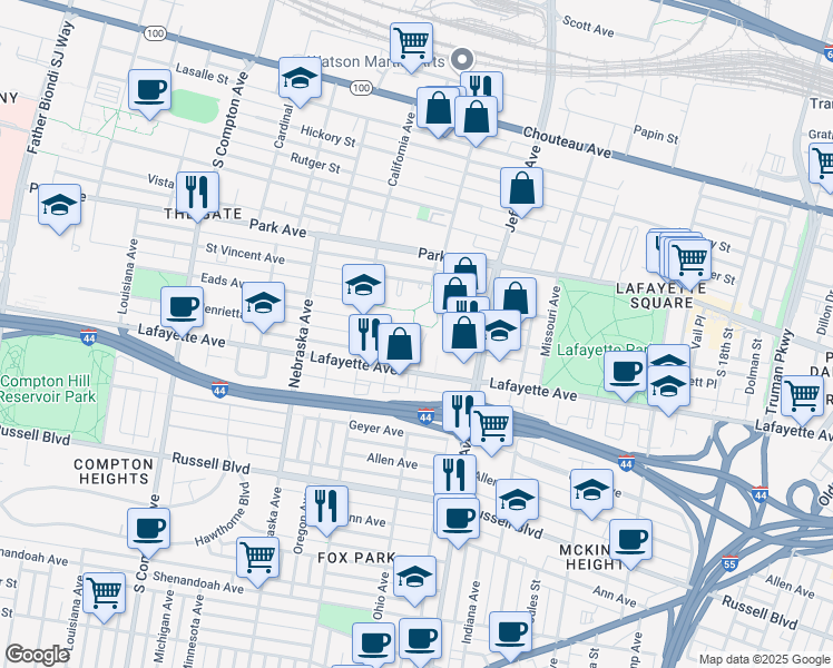 map of restaurants, bars, coffee shops, grocery stores, and more near 1601 Ohio Avenue in St. Louis