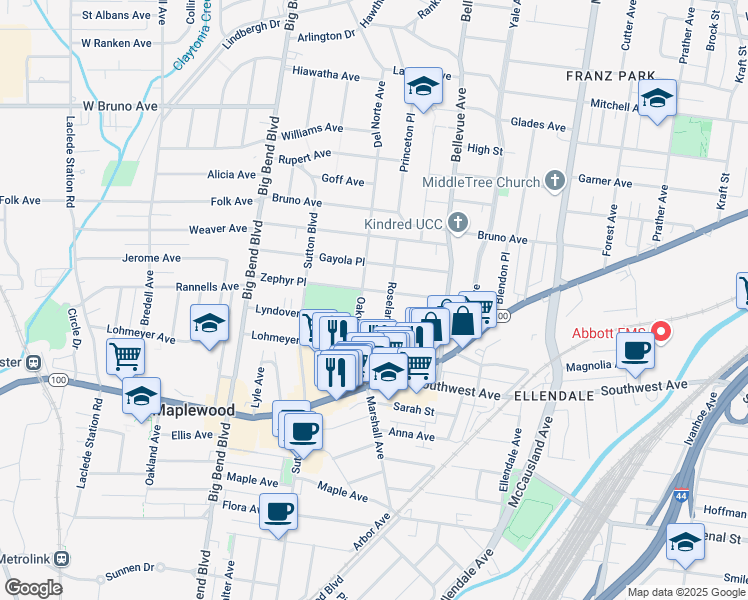 map of restaurants, bars, coffee shops, grocery stores, and more near 2415 Roseland Terrace in Maplewood