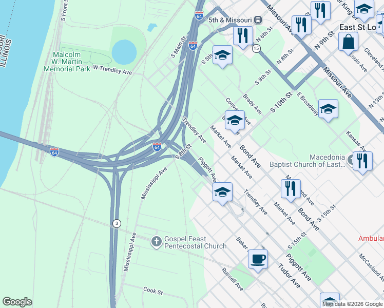 map of restaurants, bars, coffee shops, grocery stores, and more near 818 Piggott Avenue in East St. Louis