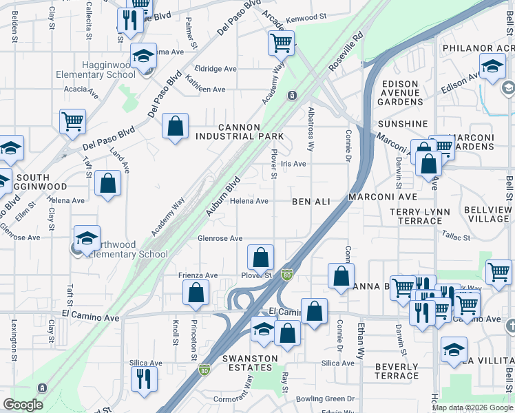 map of restaurants, bars, coffee shops, grocery stores, and more near 1754 Helena Avenue in Sacramento