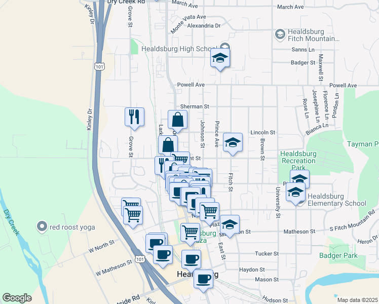 map of restaurants, bars, coffee shops, grocery stores, and more near 20 Matheson Street in Healdsburg