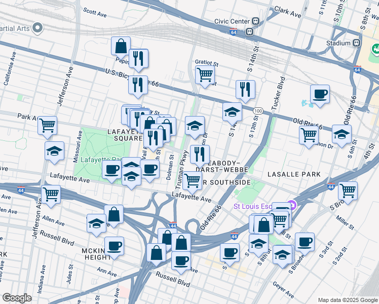 map of restaurants, bars, coffee shops, grocery stores, and more near 1523 Park Avenue in St. Louis
