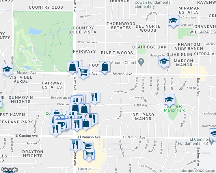 map of restaurants, bars, coffee shops, grocery stores, and more near 2821 Alamitos Way in Sacramento