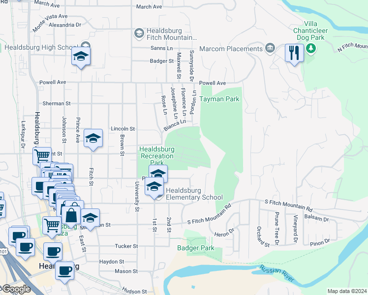 map of restaurants, bars, coffee shops, grocery stores, and more near Oak Mound in Healdsburg