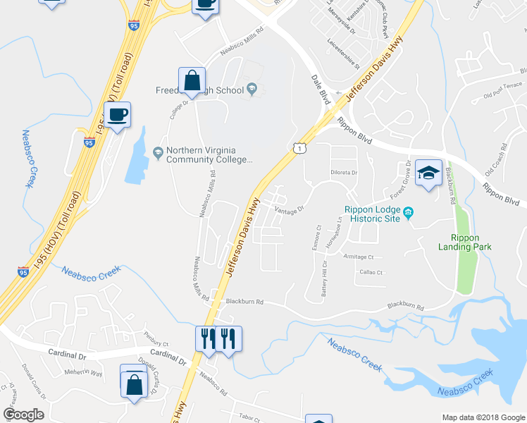 map of restaurants, bars, coffee shops, grocery stores, and more near 15509 John Diskin Circle in Woodbridge