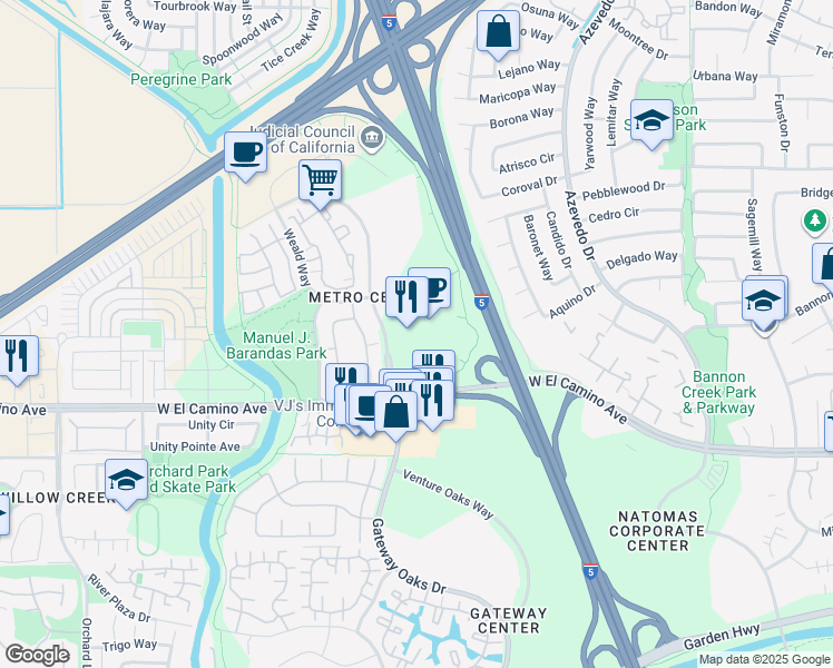 map of restaurants, bars, coffee shops, grocery stores, and more near 2710 Gateway Oaks Drive in Sacramento