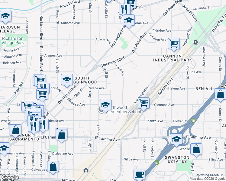 map of restaurants, bars, coffee shops, grocery stores, and more near 2655 Land Avenue in Sacramento