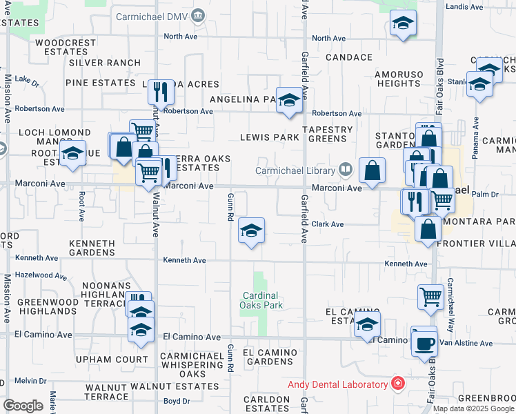 map of restaurants, bars, coffee shops, grocery stores, and more near 5344 Marconi Avenue in Carmichael