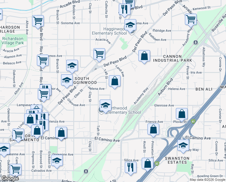 map of restaurants, bars, coffee shops, grocery stores, and more near 2655 Land Avenue in Sacramento