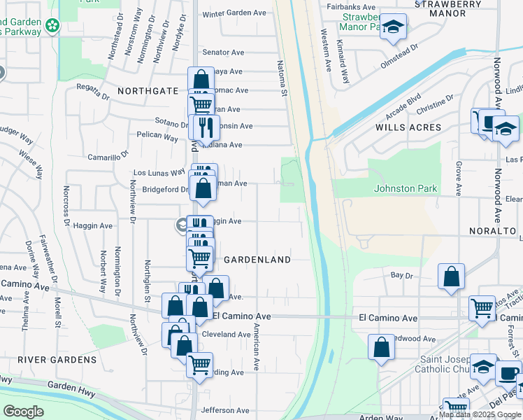 map of restaurants, bars, coffee shops, grocery stores, and more near 2808 American Avenue in Sacramento