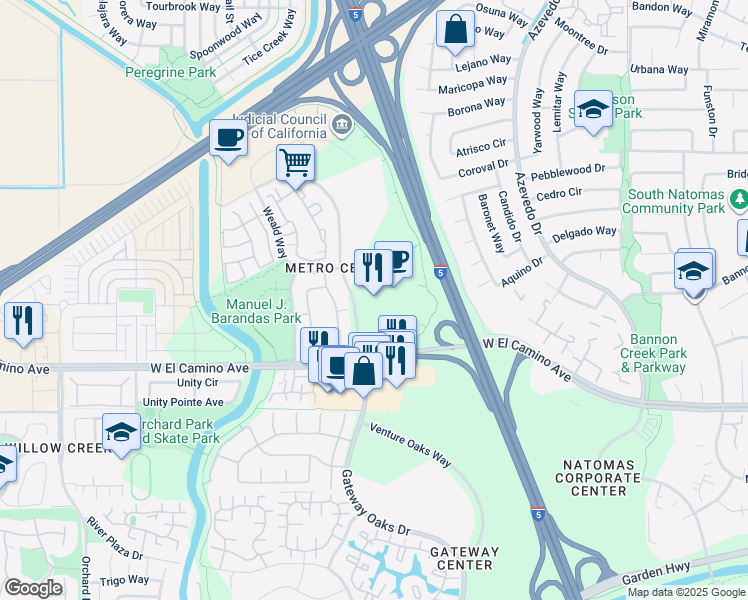 map of restaurants, bars, coffee shops, grocery stores, and more near 2710 Gateway Oaks Dr in Sacramento